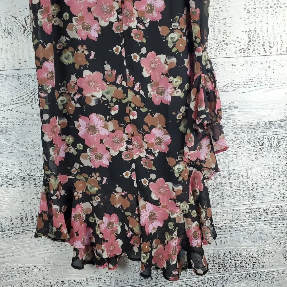West of Melrose Pink Floral Ruffle Asymmetrical Skirt M Romantic Edgy Coquette